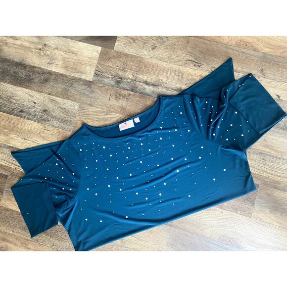 Quacker Factory Green Sparkle & Shine Rhinestone Sharkbite Top Womens 1X - Picture 3 of 5